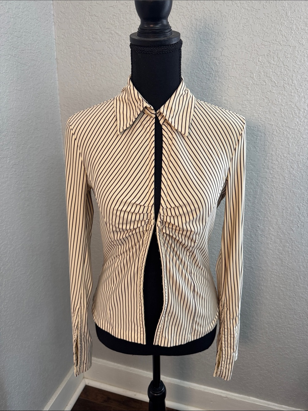 Express Cream Button-Down Shirt with Black Pinstripes